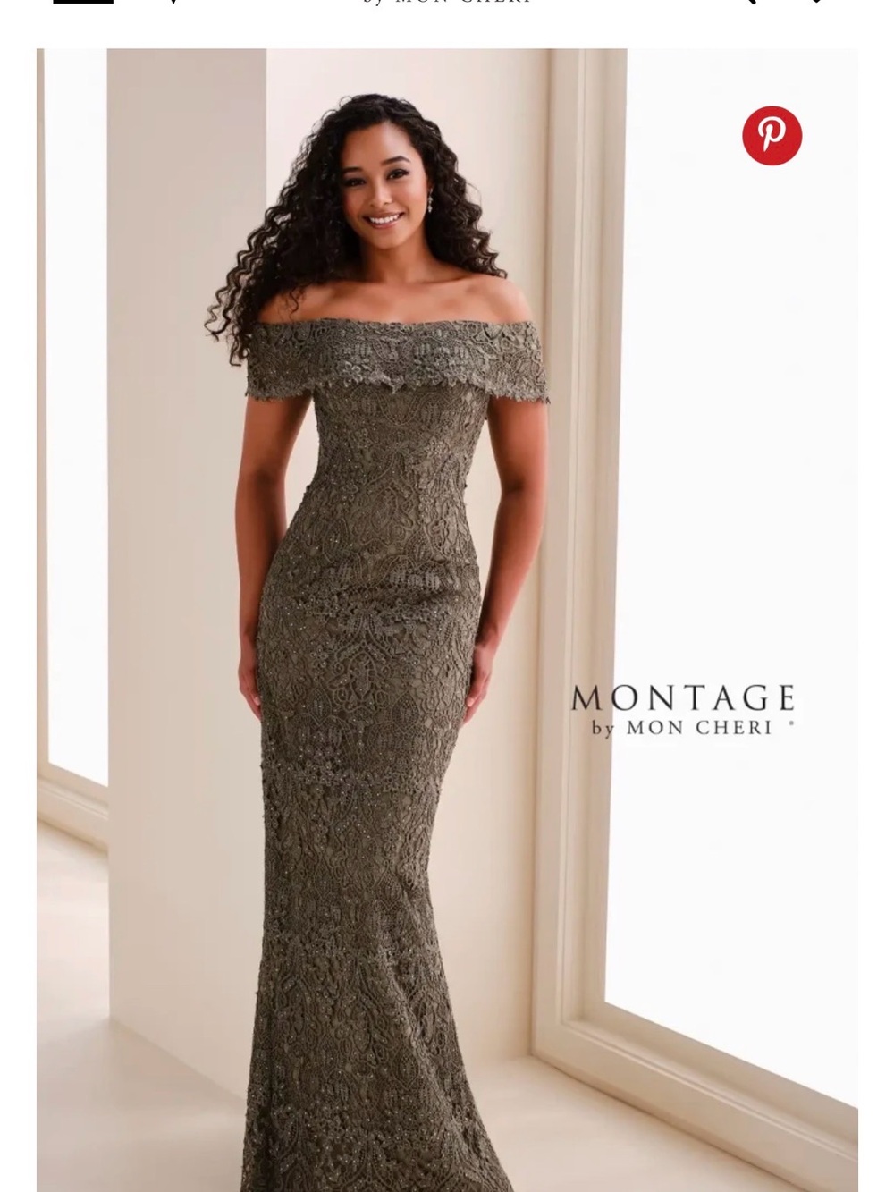 Montage by Mon Cheri Olive Green Off-Shoulder Lace High-Low Gown